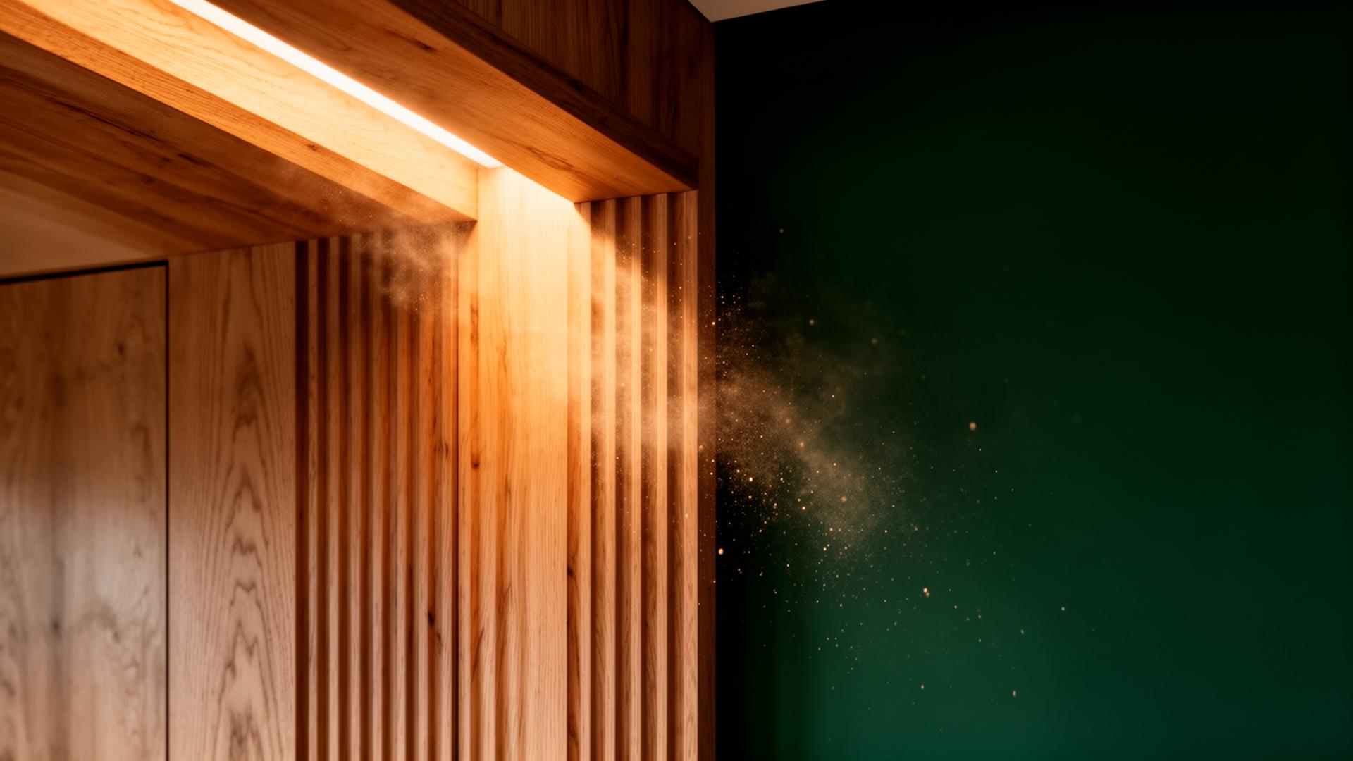 Haz de luz sobre madera y pared verde