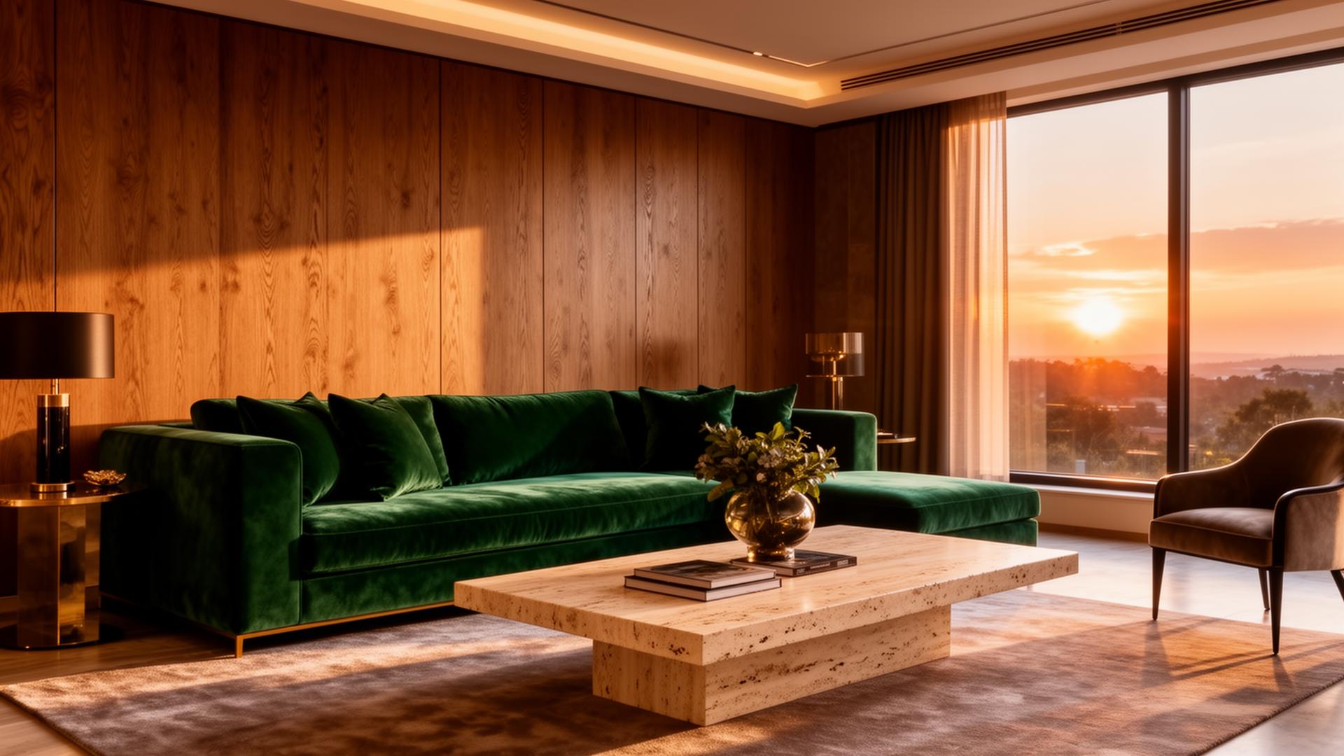 Salón elegante con sofá verde y madera de roble