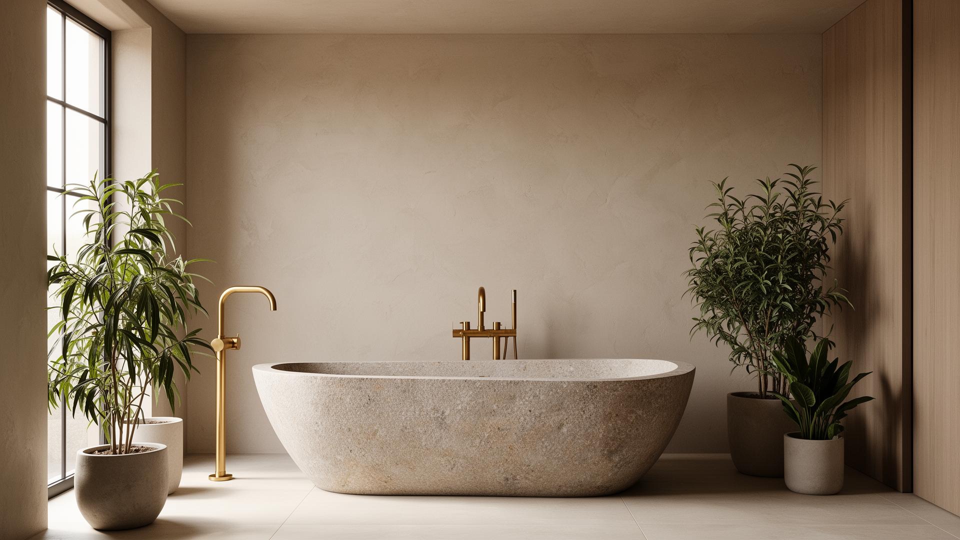 Baño minimalista con bañera exenta de piedra y grifería dorada