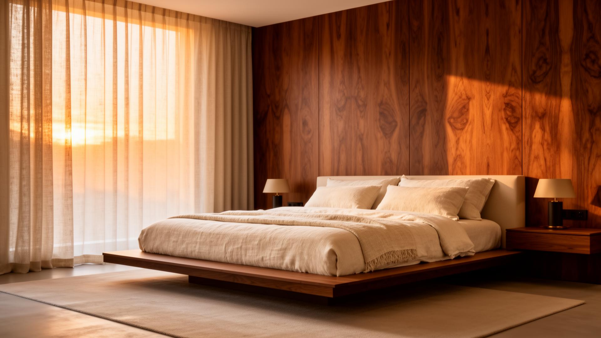 Dormitorio principal con panelado de nogal y luz cálida